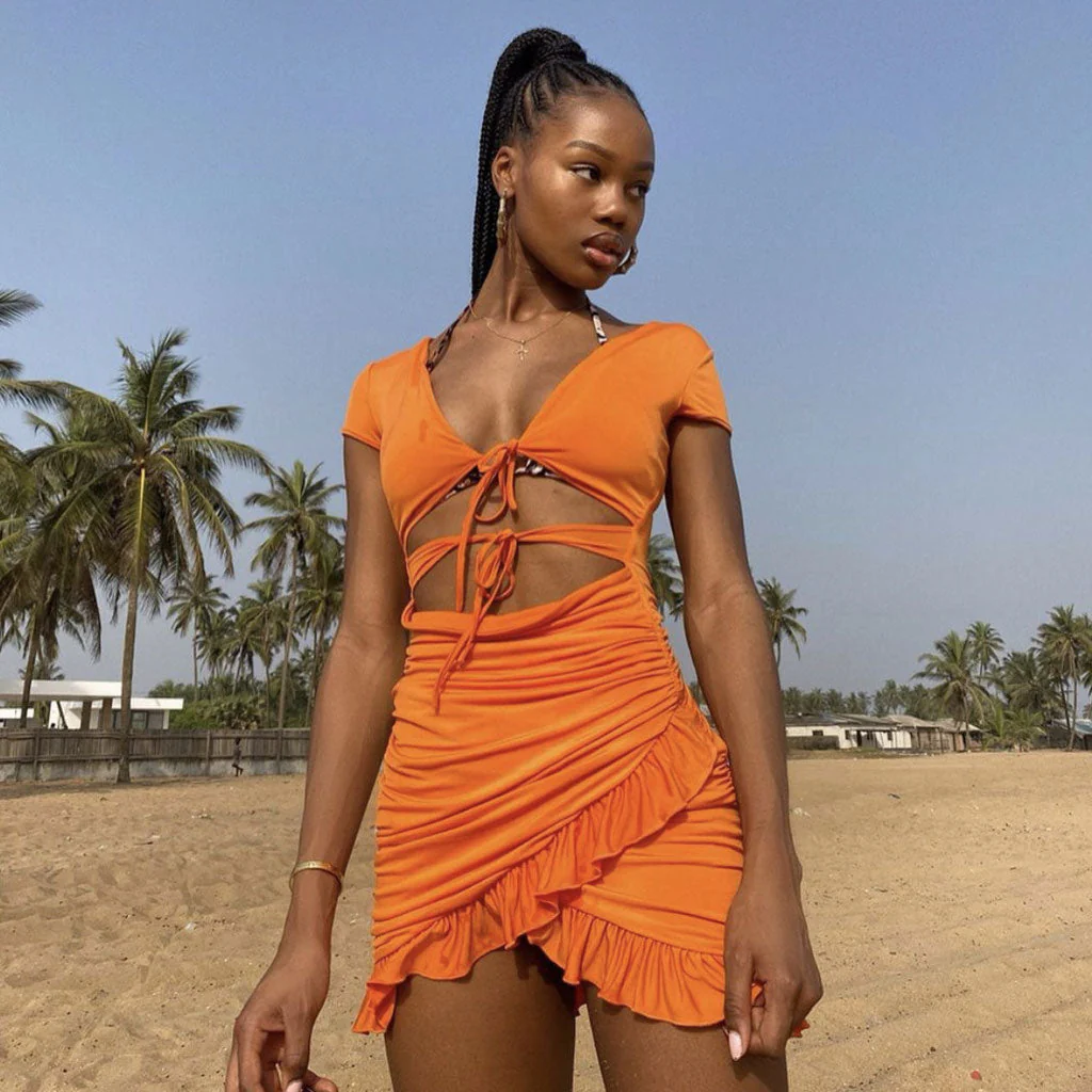 V Neck Floss Strap Ruched Bodycon Party Mini Dress - Orange - Image 2