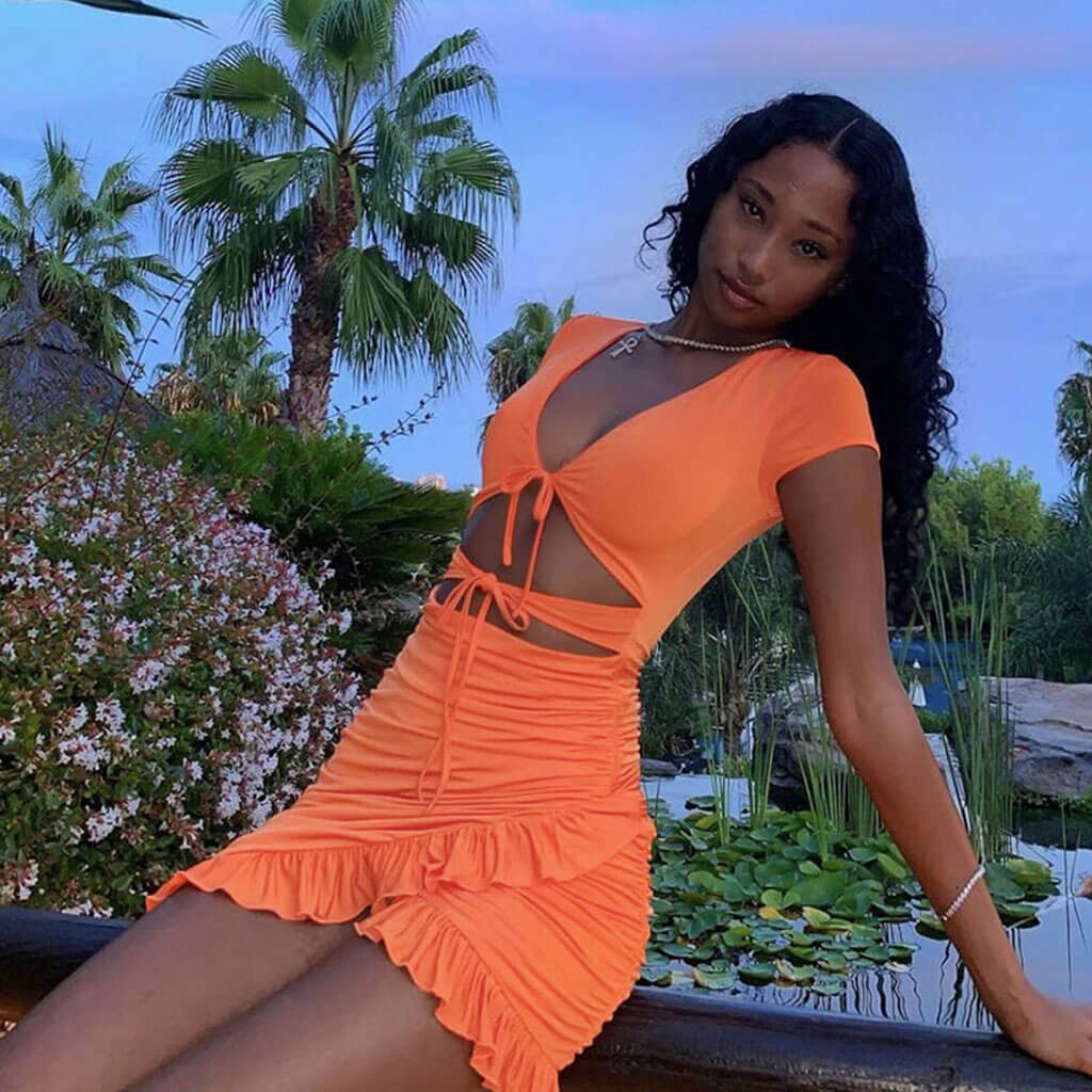 V Neck Floss Strap Ruched Bodycon Party Mini Dress - Orange - Image 3