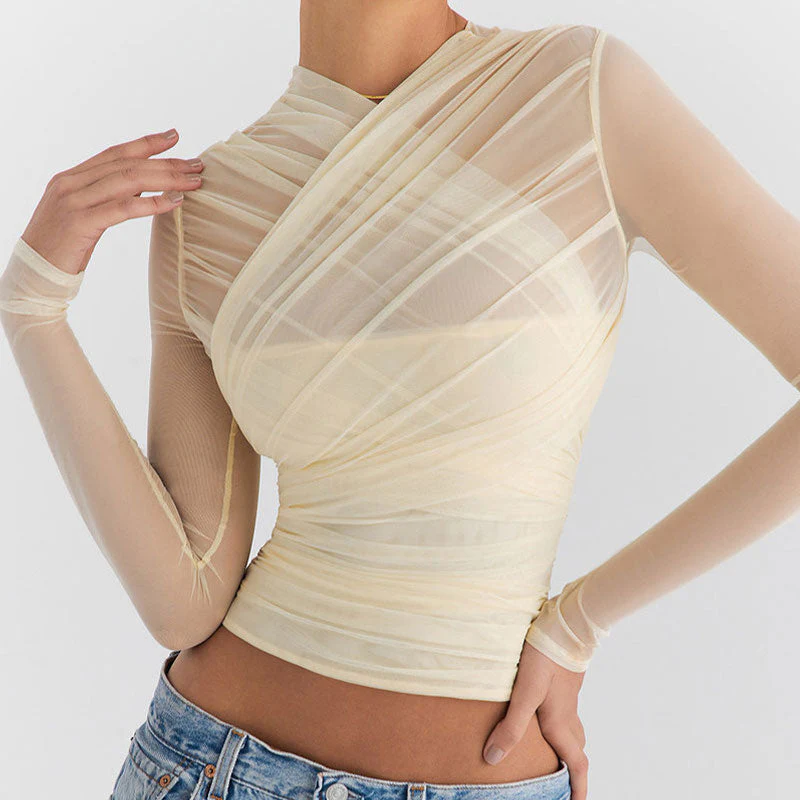 Sexy V Neck Semi Sheer Long Sleeve Ruched Cropped Layered Mesh Top - Image 2