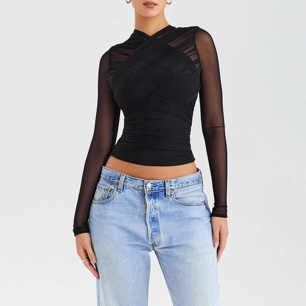 Sexy V Neck Semi Sheer Long Sleeve Ruched Cropped Layered Mesh Top - Image 4