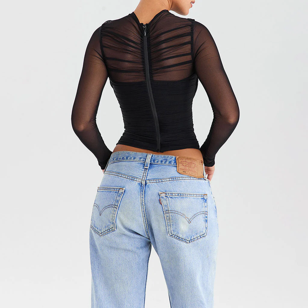 Sexy V Neck Semi Sheer Long Sleeve Ruched Cropped Layered Mesh Top - Image 6