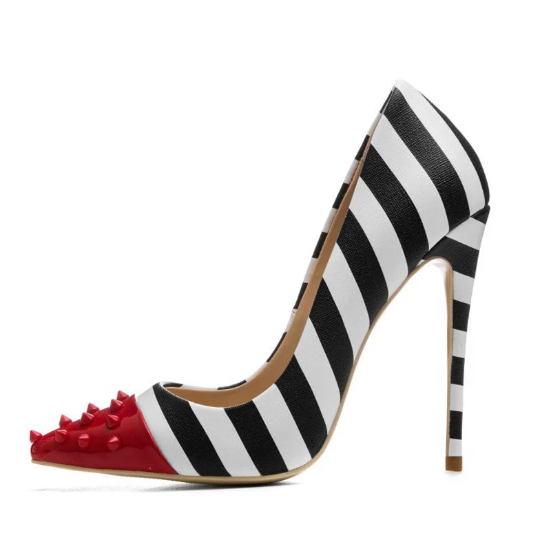 Sharp Studded Pointed Top Striped Print High Heel Pumps - Black - Image 2