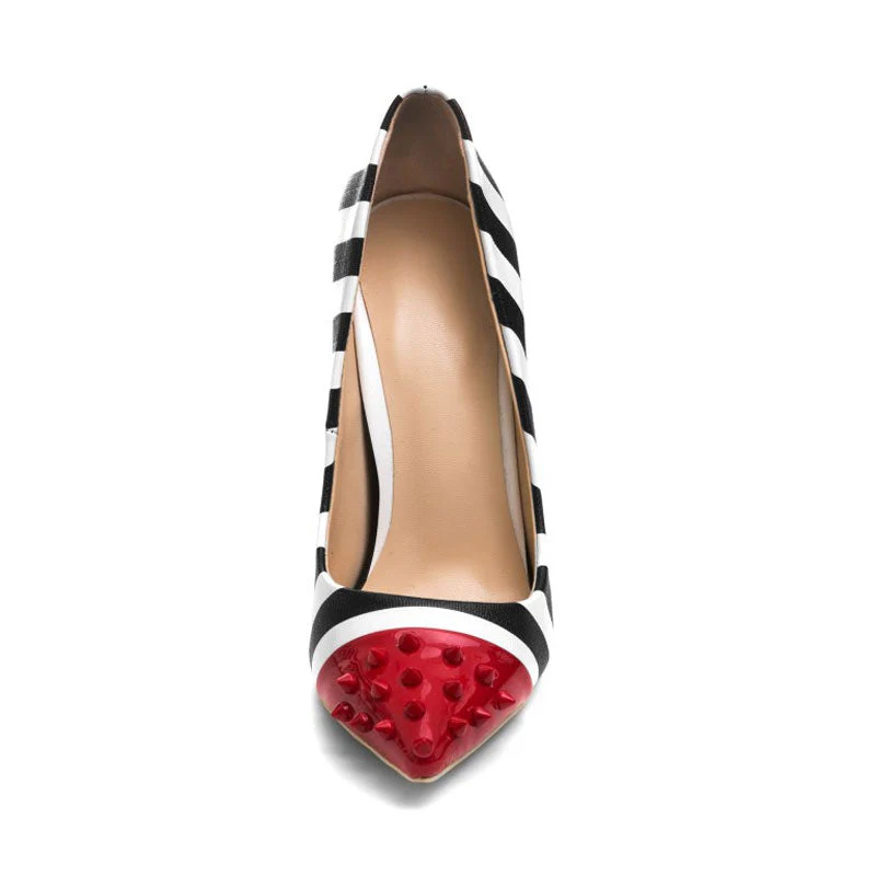 Sharp Studded Pointed Top Striped Print High Heel Pumps - Black - Image 3