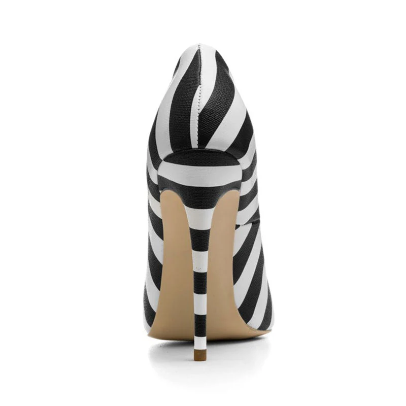 Sharp Studded Pointed Top Striped Print High Heel Pumps - Black - Image 4