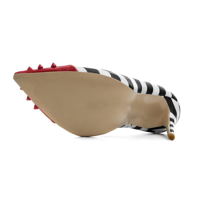 Sharp Studded Pointed Top Striped Print High Heel Pumps - Black - Image 5