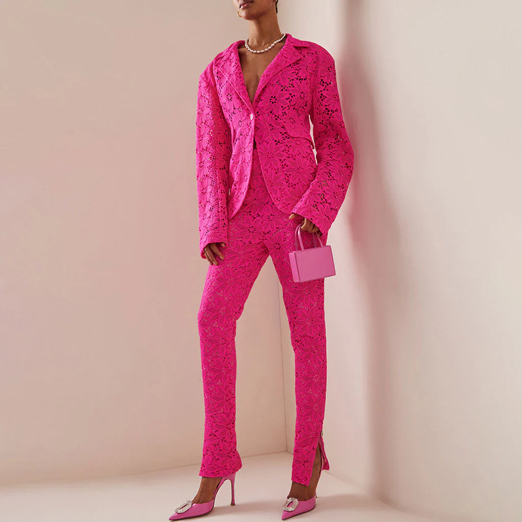 Sheer Floral Lace Single Breasted Tailored Blazer and Slit Zip Design Pants Matching Set - Image 3