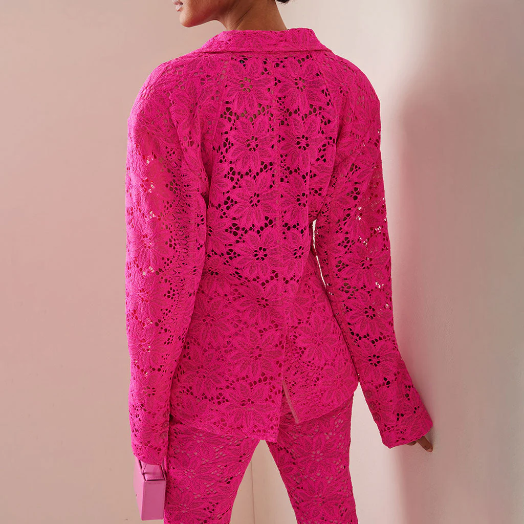 Sheer Floral Lace Single Breasted Tailored Blazer and Slit Zip Design Pants Matching Set - Image 4