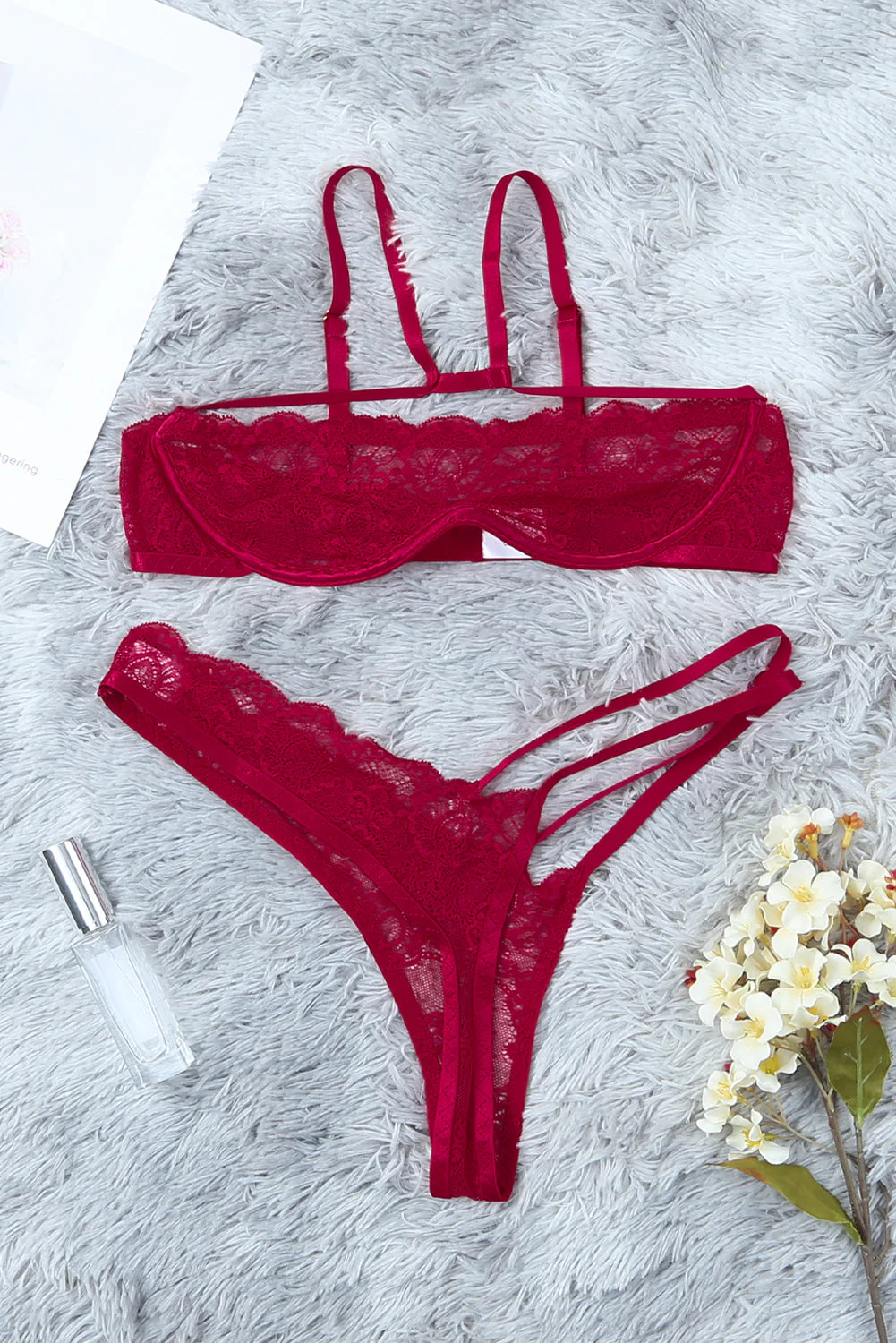 Sheer Lace Asymmetric Strappy 2Pcs Lingerie Set - Image 23