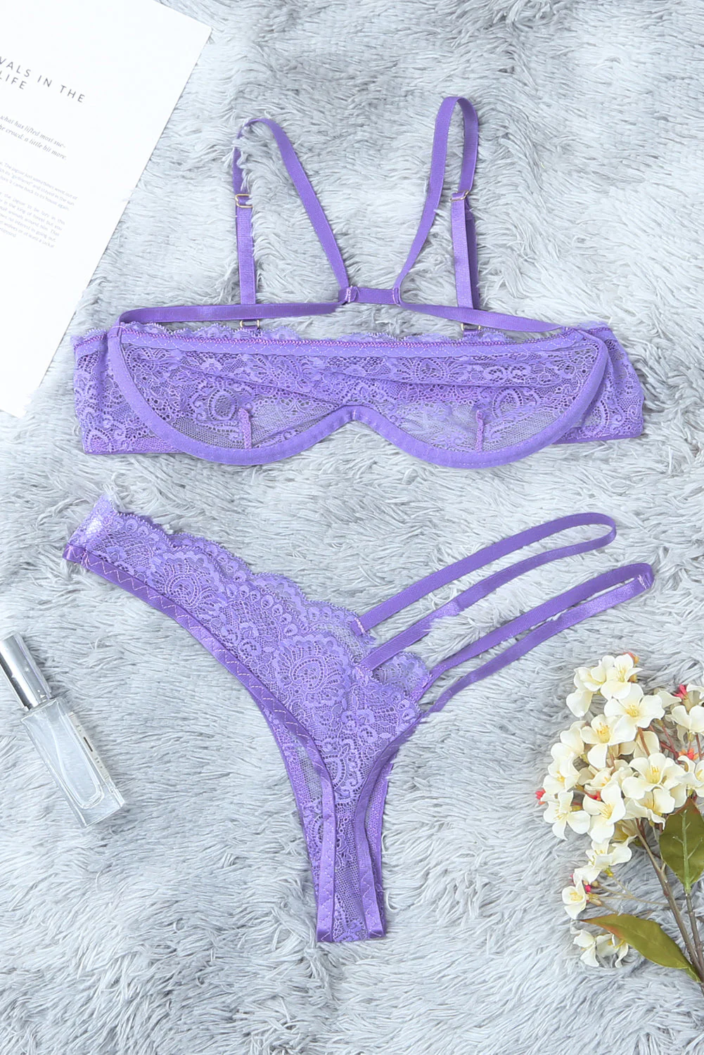 Sheer Lace Asymmetric Strappy 2Pcs Lingerie Set - Image 7