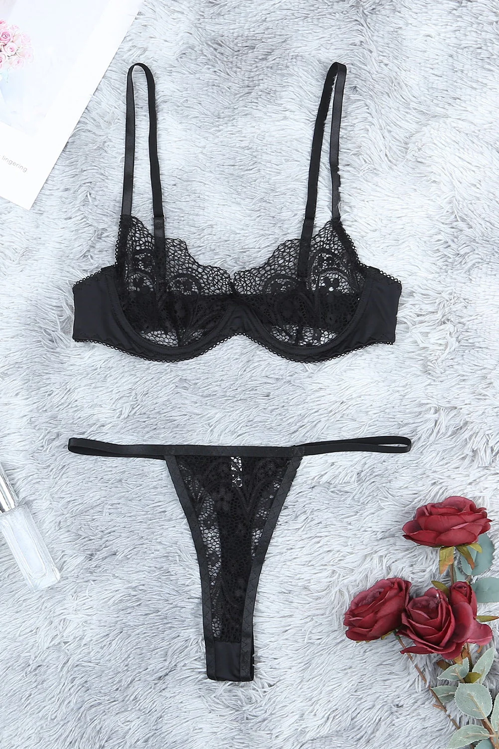 Sheer Lace Bra And Panty Set With Garter Belts - Image 9