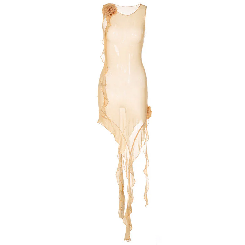 Sheer Mesh 3D Flower Ruffle Trim Sleeveless Club Dress - Hot Pink - Image 3