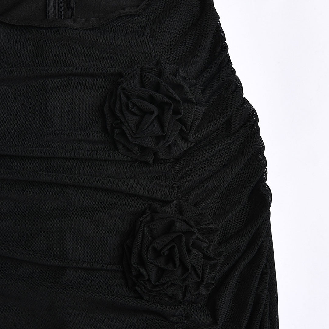 Sheer Mesh Floral Trim Cut Out High Slit Strapless Maxi Dress - Black - Image 5