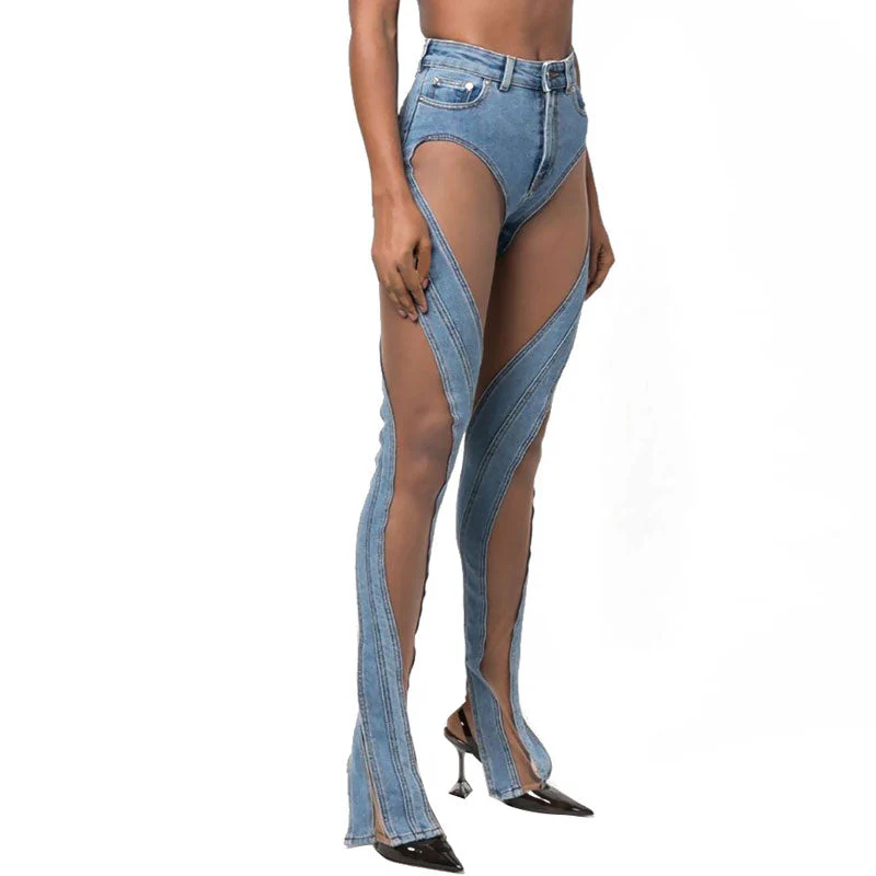 Sheer Mesh Panel Side Slit High Rise Skinny Spiral Jeans - Blue - Image 3