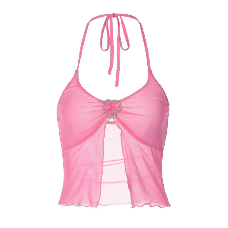 Sheer Mesh Solid Color Crystal Heart Split Detail Halter Crop Top - Pink - Image 3