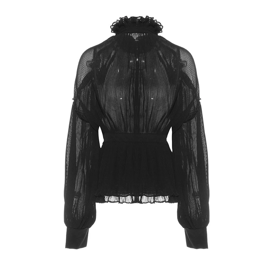 Sheer Ruffled High Neck Puff Sleeve Button Down Pleated Peplum Blouse - Image 2