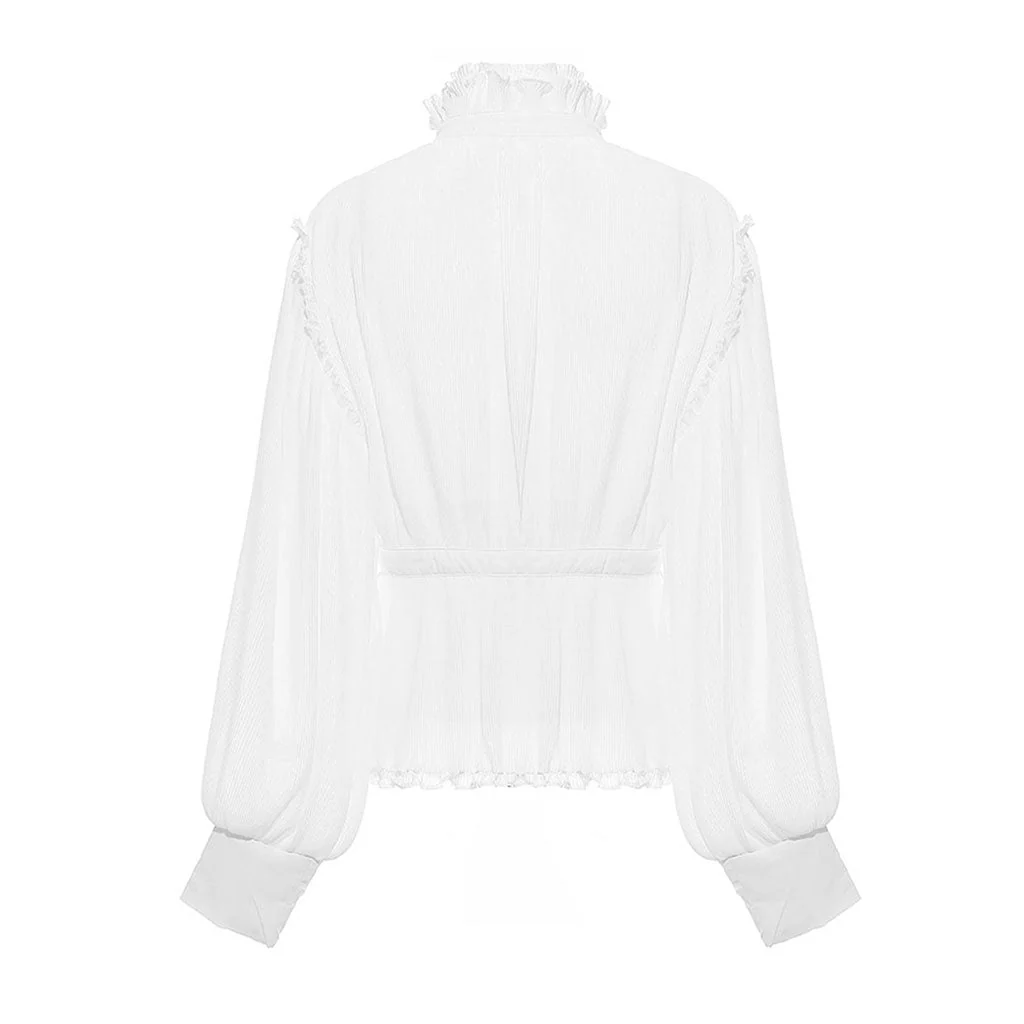 Sheer Ruffled High Neck Puff Sleeve Button Down Pleated Peplum Blouse - Image 3