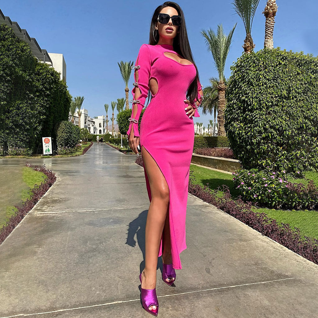 Shimmer Crystal Bow CutOut Long Sleeve Rib Knit High Split Maxi Bandage Dress - Image 2