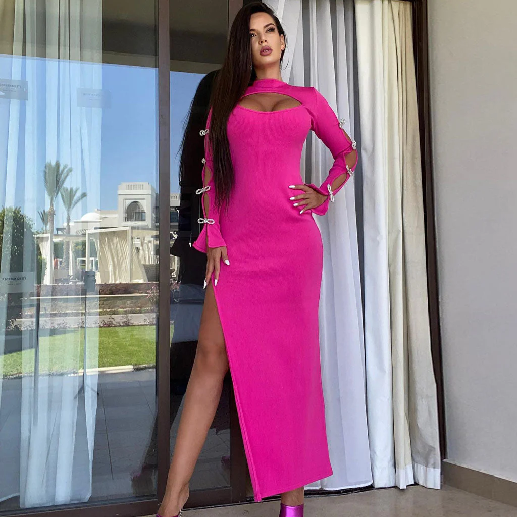 Shimmer Crystal Bow CutOut Long Sleeve Rib Knit High Split Maxi Bandage Dress - Image 6