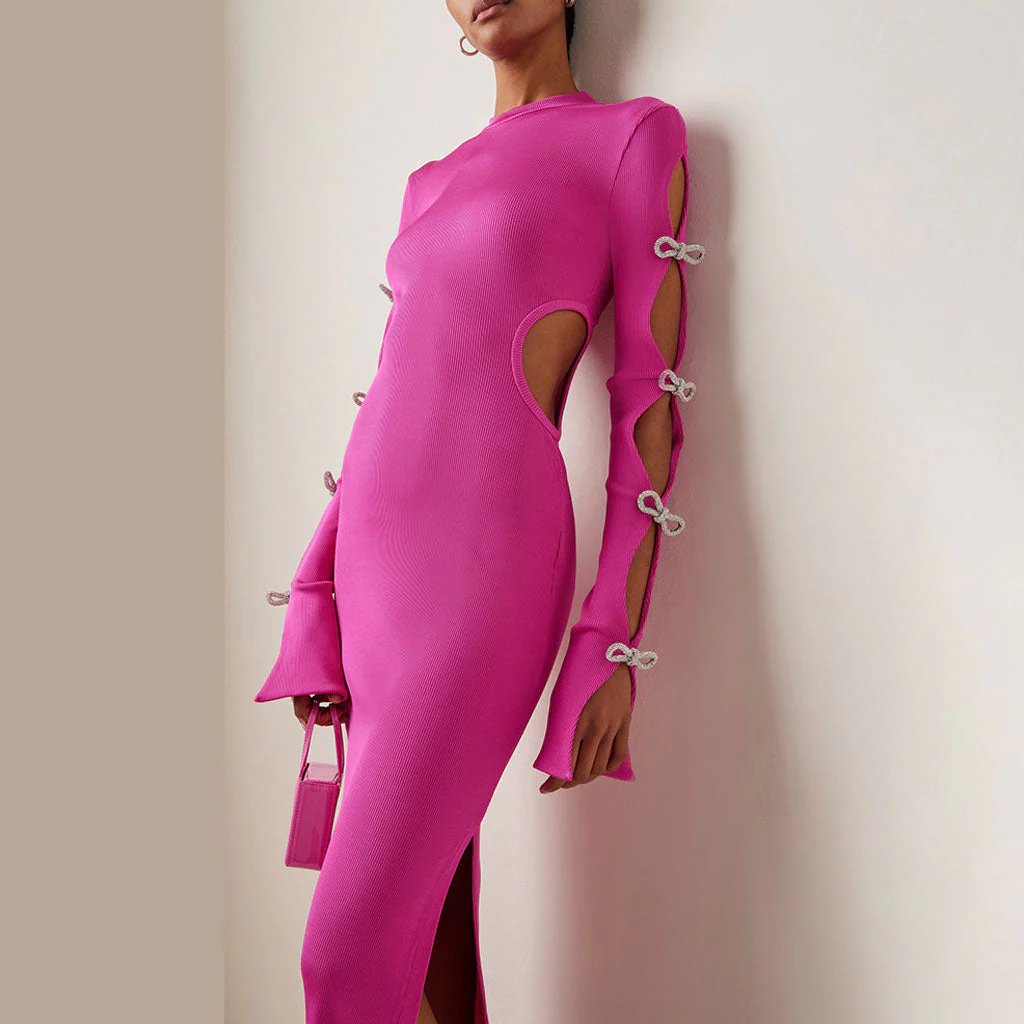 Shimmer Crystal Bow CutOut Long Sleeve Rib Knit High Split Maxi Bandage Dress - Image 7
