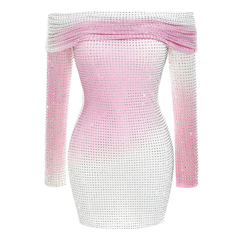 Shimmer Gradient Ruched Off Shoulder Rhinestone Mesh Bodycon Mini Party Dress - Image 3