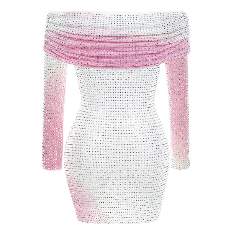 Shimmer Gradient Ruched Off Shoulder Rhinestone Mesh Bodycon Mini Party Dress - Image 4