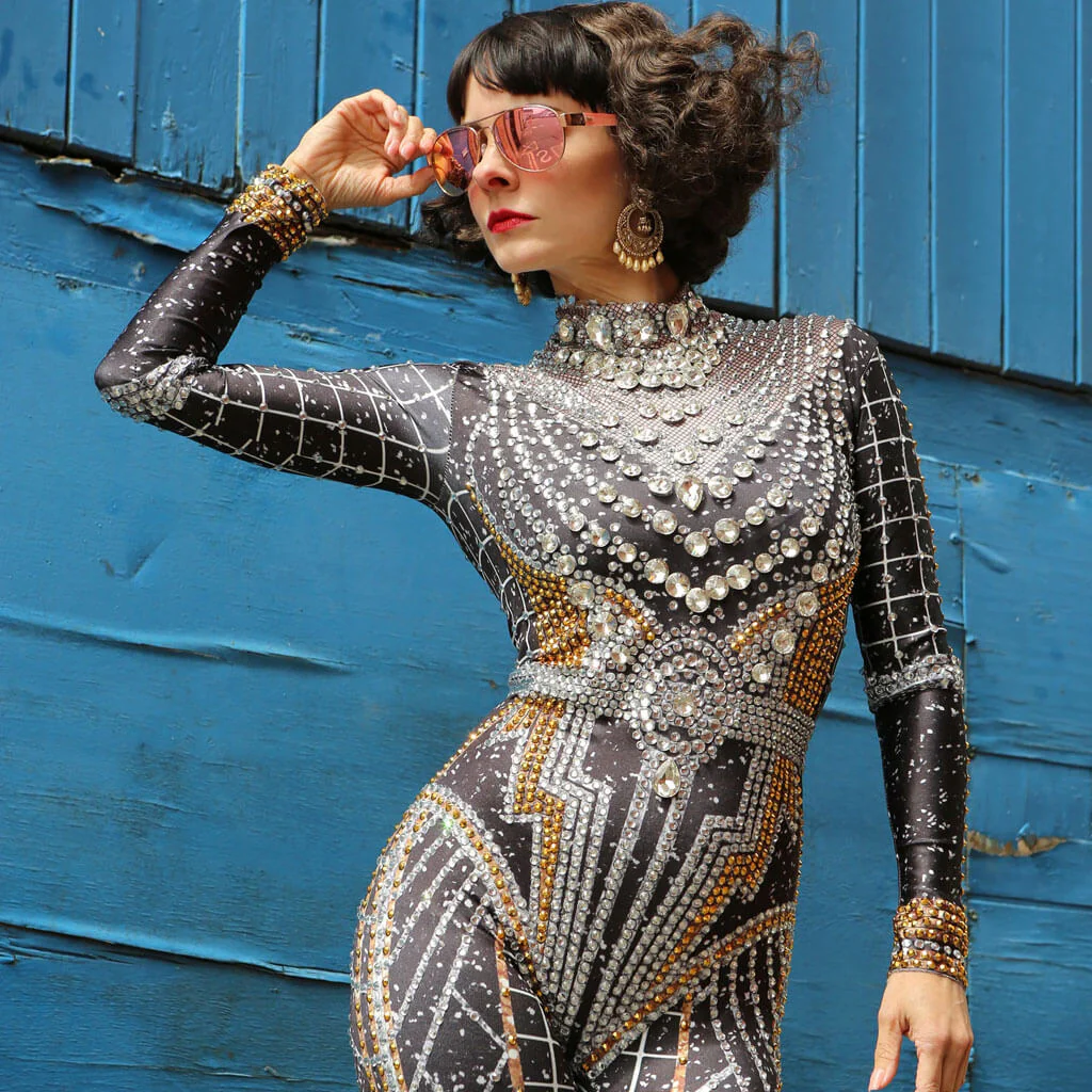 Shimmer Rhinestone Baroque Geo Print High Neck Long Sleeve Skinny Unitard Jumpsuit - Image 2