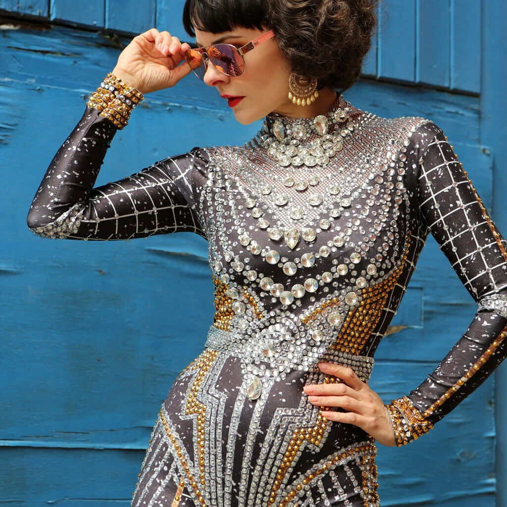 Shimmer Rhinestone Baroque Geo Print High Neck Long Sleeve Skinny Unitard Jumpsuit - Image 3