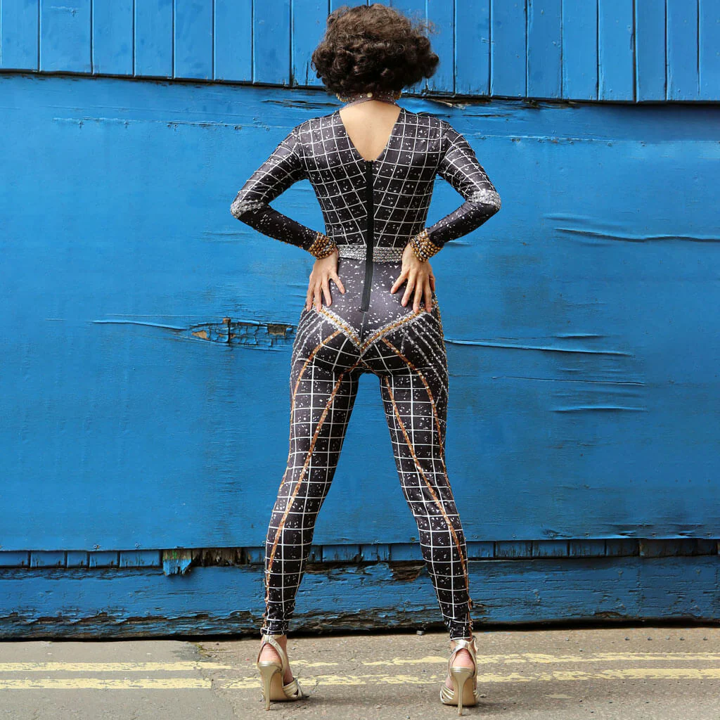 Shimmer Rhinestone Baroque Geo Print High Neck Long Sleeve Skinny Unitard Jumpsuit - Image 4