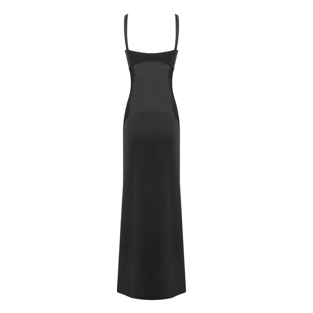 Shimmer Rhinestone Bra Sheer Mesh Panel Sleeveless Fishtail Evening Maxi Dress - Image 6