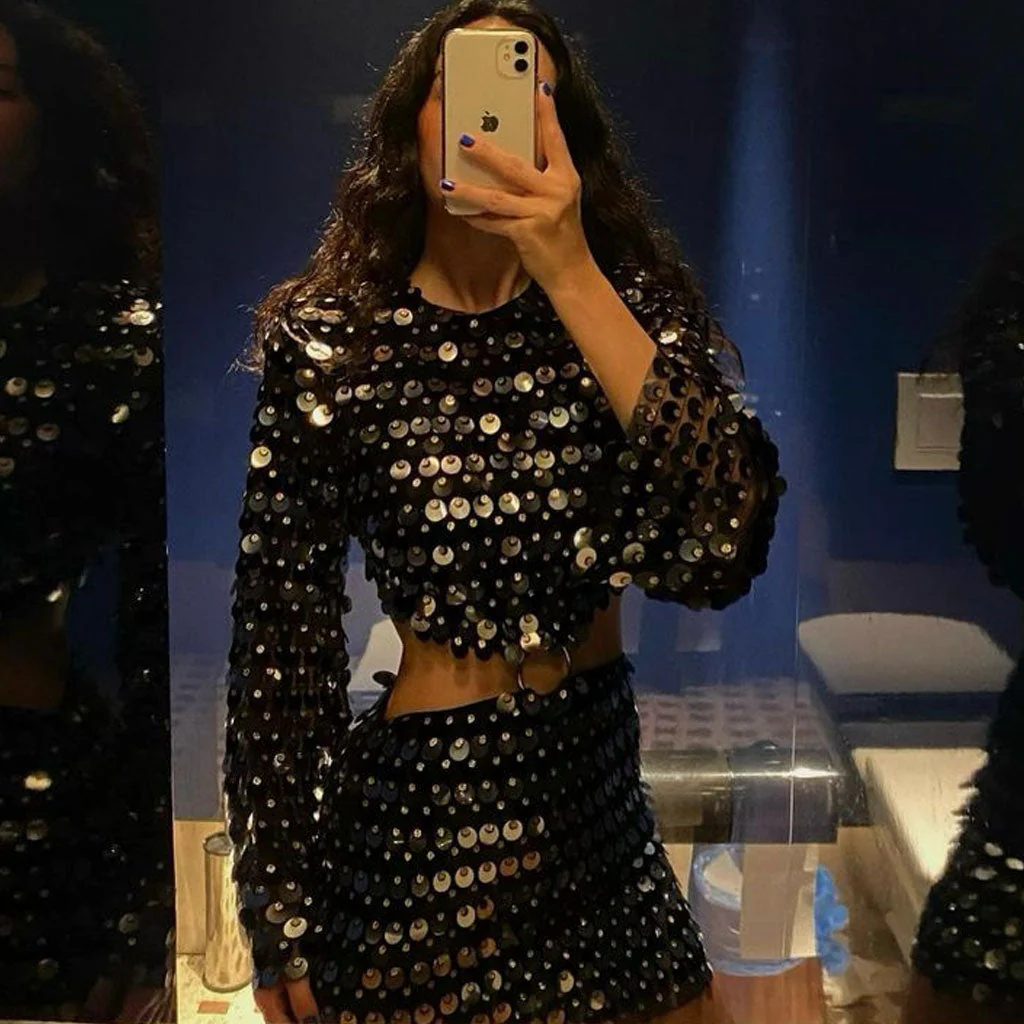 Shimmer Sequin Mesh Embellished O Ring CutOut Bell Sleeve Mini Club Dress - Image 3