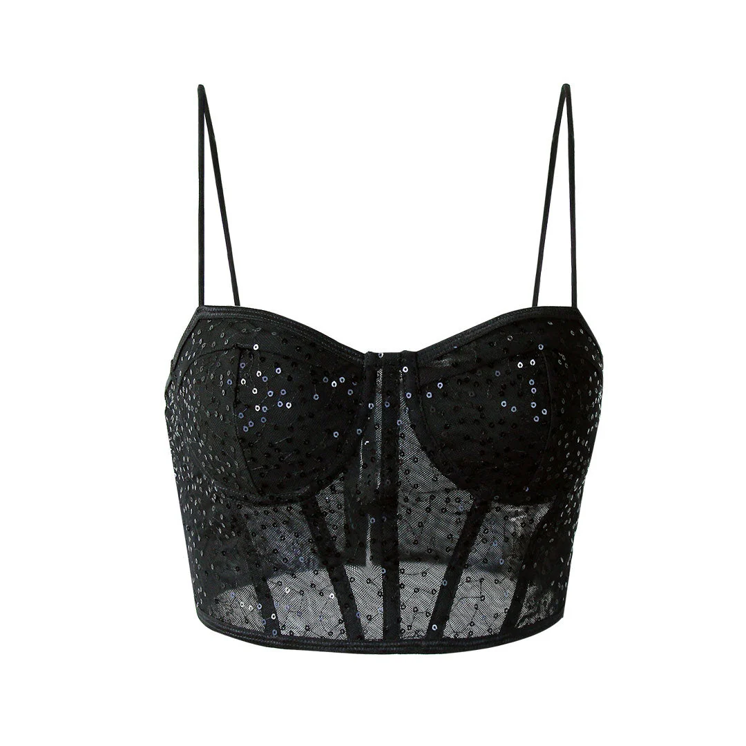 Shimmer Sweetheart Cami Sheer Sequin Lace Crop Corset Top - Black - Image 4