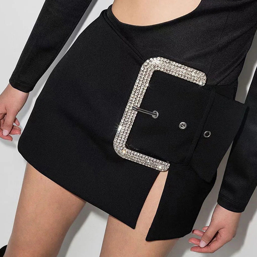 Shimmering Crystal Buckle Detail Low Rise Slit Mini Skirt - Black - Image 2