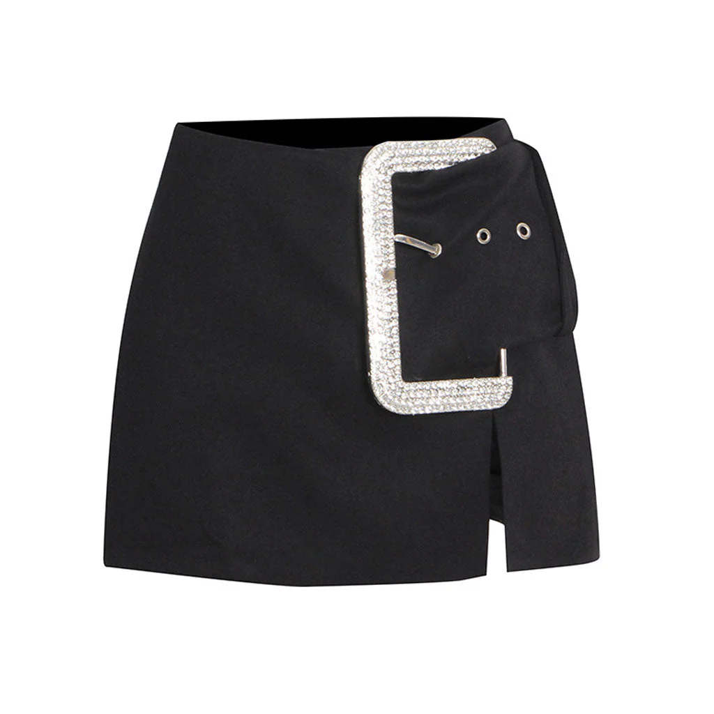 Shimmering Crystal Buckle Detail Low Rise Slit Mini Skirt - Black - Image 5