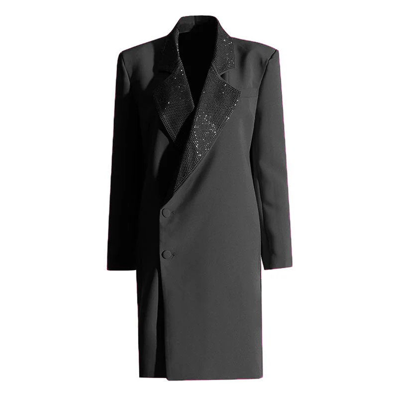 Shimmering Crystal Notch Lapel Padded Long Sleeve Single Breasted Blazer Coat - Image 2