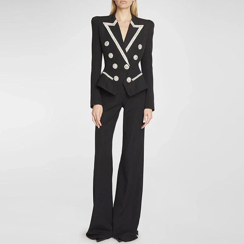 Shimmering Crystal Peak Lapel Double Breasted Cinch Waist Tailored Blazer - Image 6