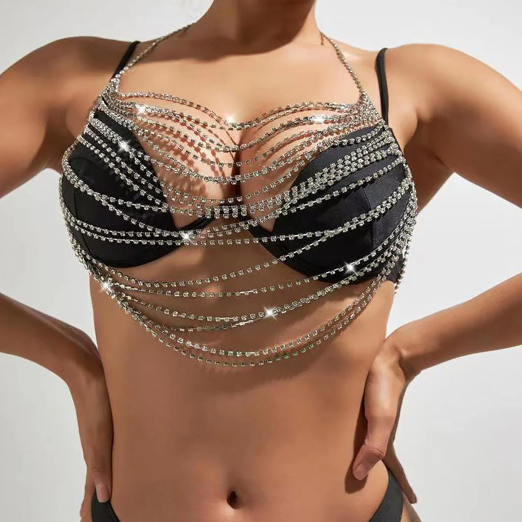 Shimmering Cubic Zirconia Chain Link Layered Body Chain Halter Top - Image 4