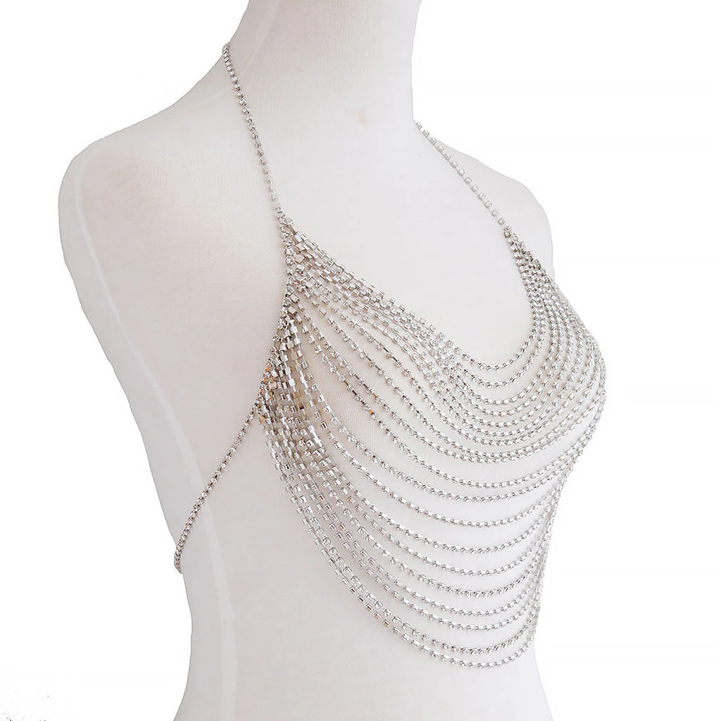 Shimmering Cubic Zirconia Chain Link Layered Body Chain Halter Top - Image 5