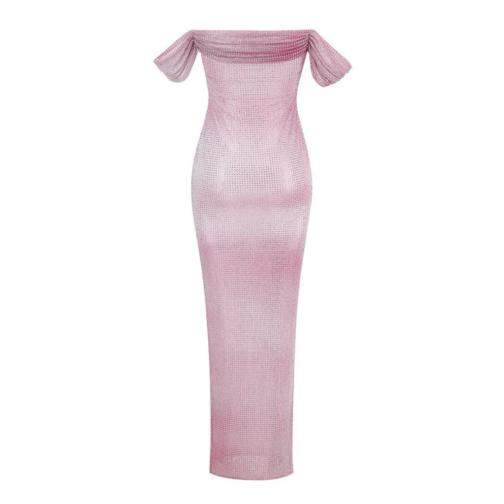 Shimmering Gradient Rhinestone Ruched Off Shoulder Side Split Maxi Sheer Dress - Image 5