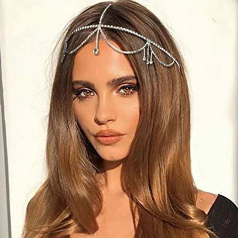 Shimmering Rhinestone Embellished Layered Bridal Head Chain - Silver - Image 2