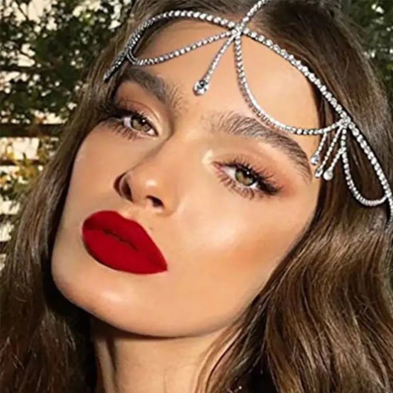 Shimmering Rhinestone Embellished Layered Bridal Head Chain - Silver - Image 3