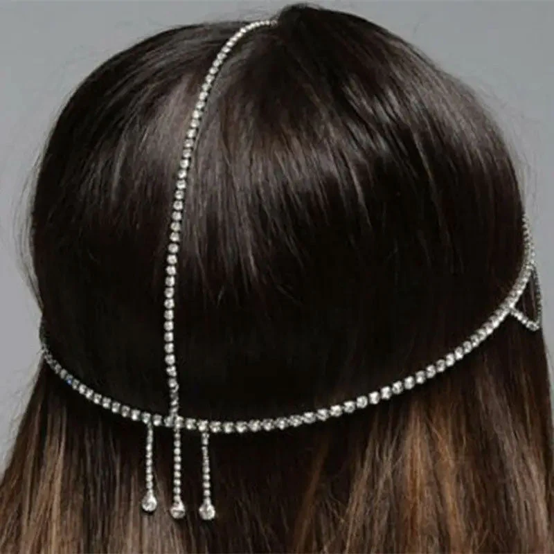 Shimmering Rhinestone Embellished Layered Bridal Head Chain - Silver - Image 4