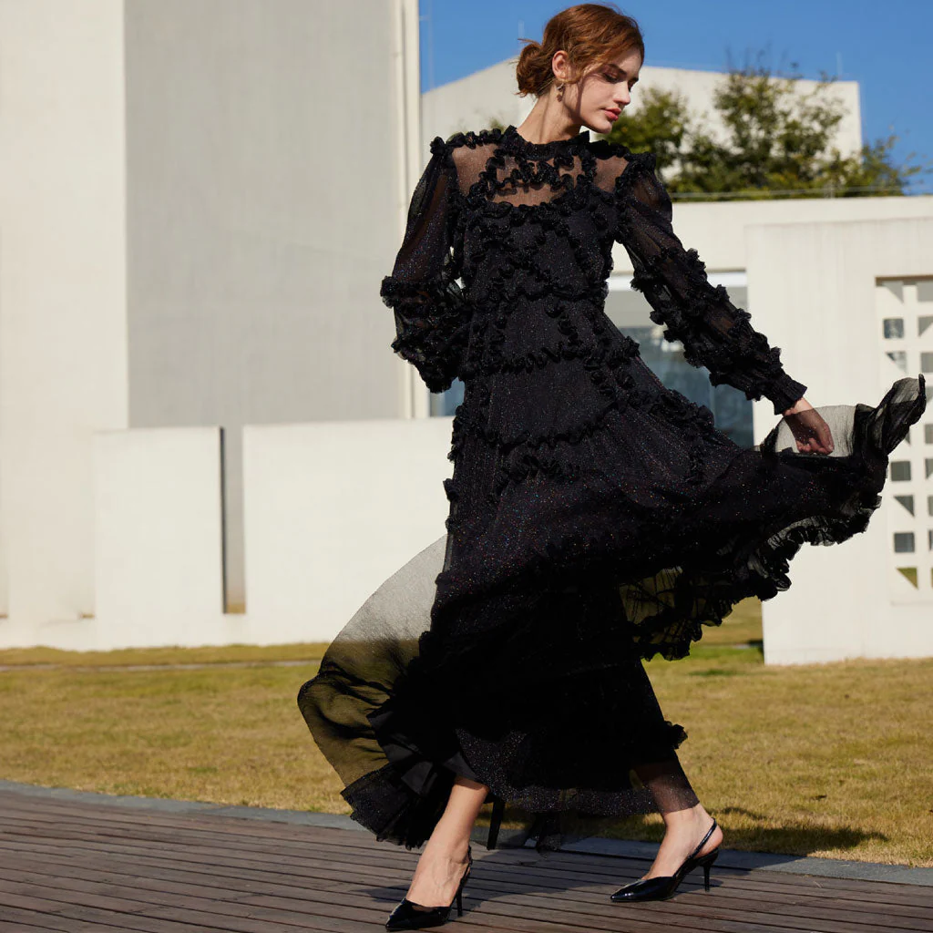 Shimmering Ruffle Mock Neck 3/4 Sheer Sleeve A Line Tulle Maxi Evening Dress - Image 2