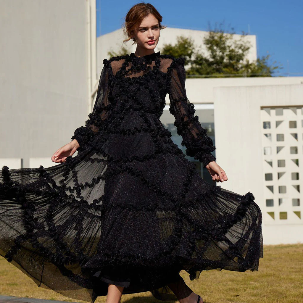 Shimmering Ruffle Mock Neck 3/4 Sheer Sleeve A Line Tulle Maxi Evening Dress - Image 3