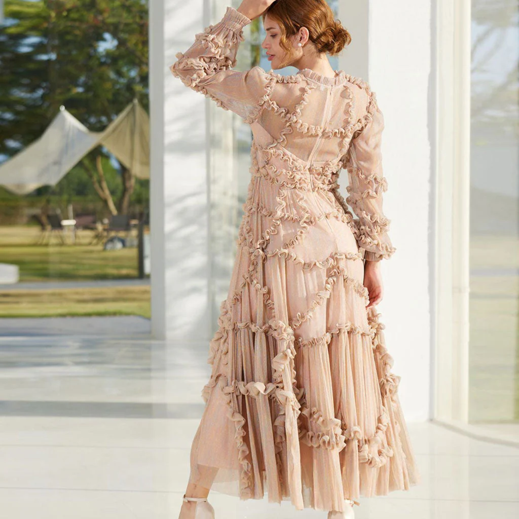 Shimmering Ruffle Mock Neck 3/4 Sheer Sleeve A Line Tulle Maxi Evening Dress - Image 5