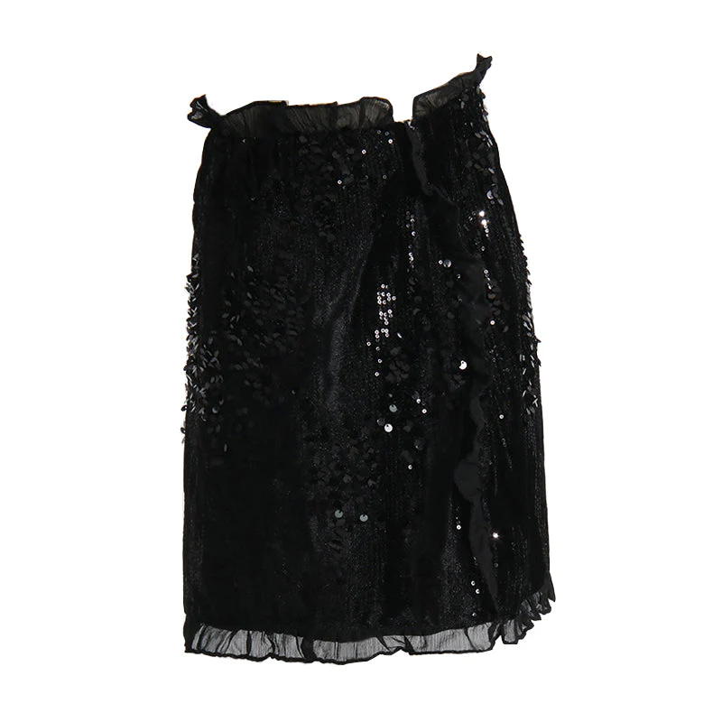 Shimmering Sequin Embellished Layered Ruffled Trim High Waist Mini Skirt - Image 2