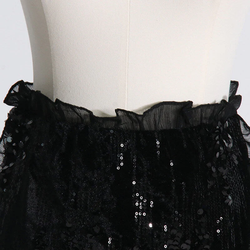 Shimmering Sequin Embellished Layered Ruffled Trim High Waist Mini Skirt - Image 4