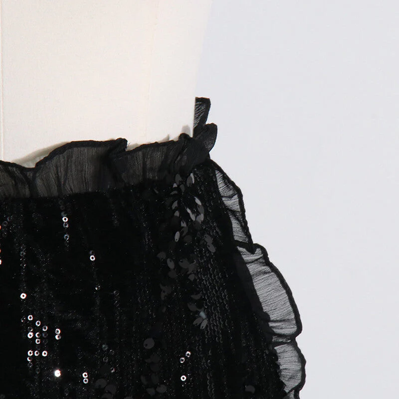 Shimmering Sequin Embellished Layered Ruffled Trim High Waist Mini Skirt - Image 5