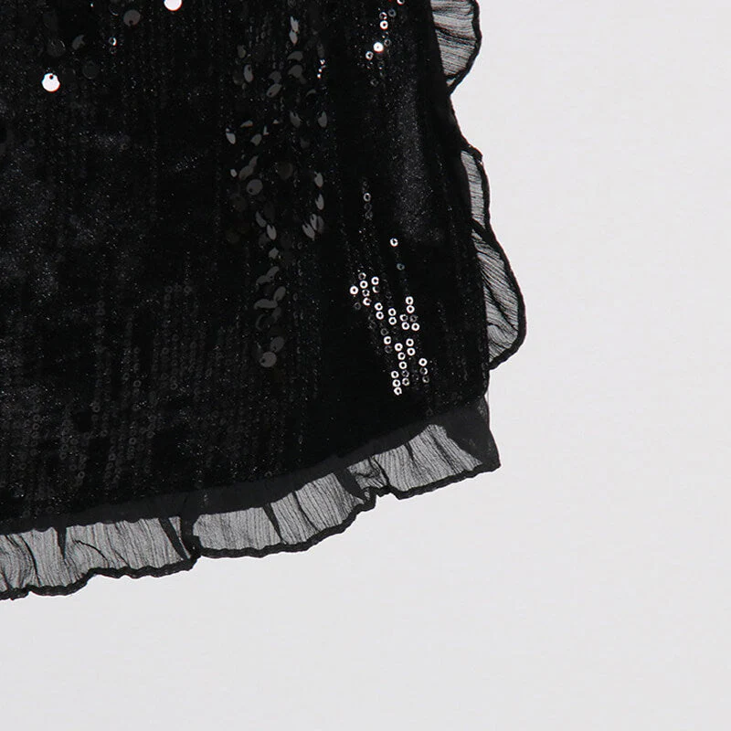 Shimmering Sequin Embellished Layered Ruffled Trim High Waist Mini Skirt - Image 6