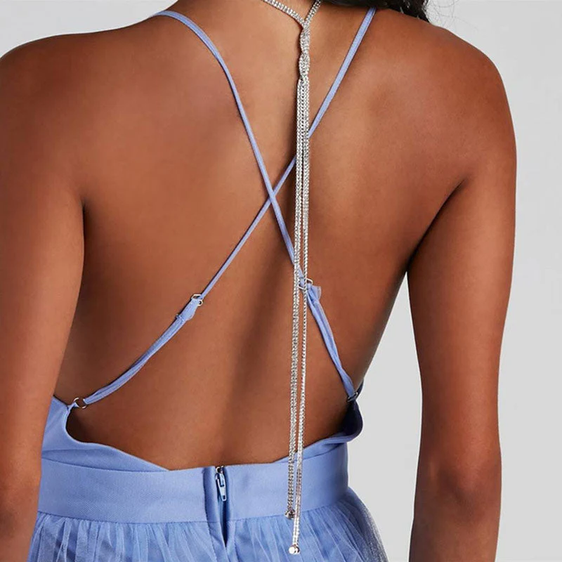 Shimmering Twisted Front Crystal Embellished Lariat NeckLace - Silver - Image 2