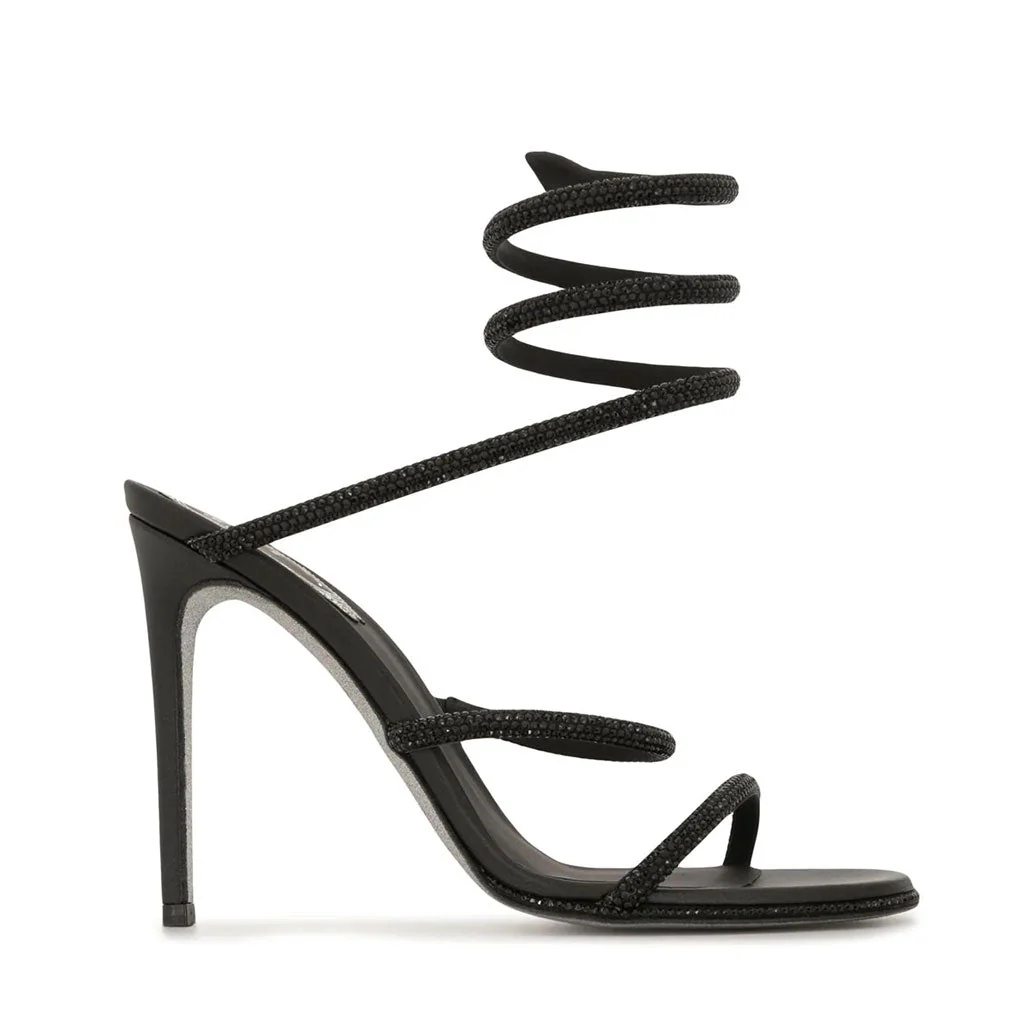 Shimmery Crystal Embellished Ankle Wrap Round Toe Stiletto Sandals - Black - Image 3